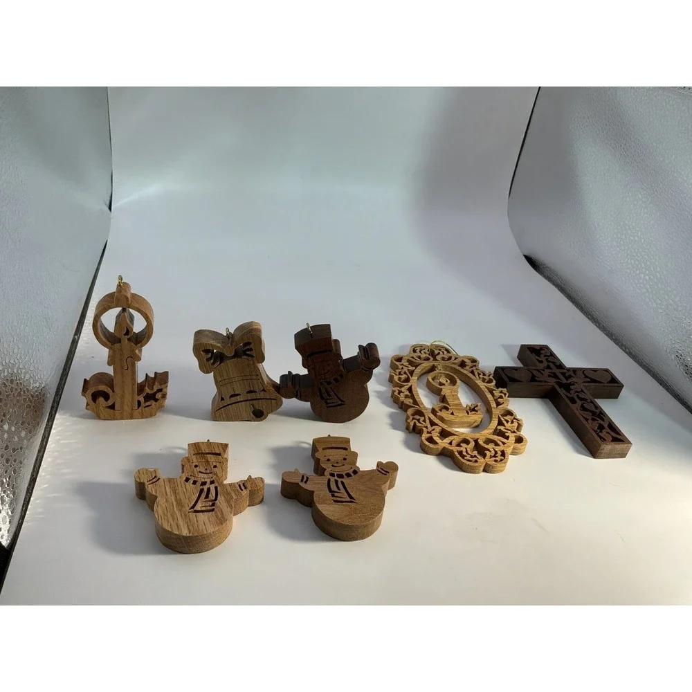 Carved Wood Christmas Ornaments‎ Set Of 7